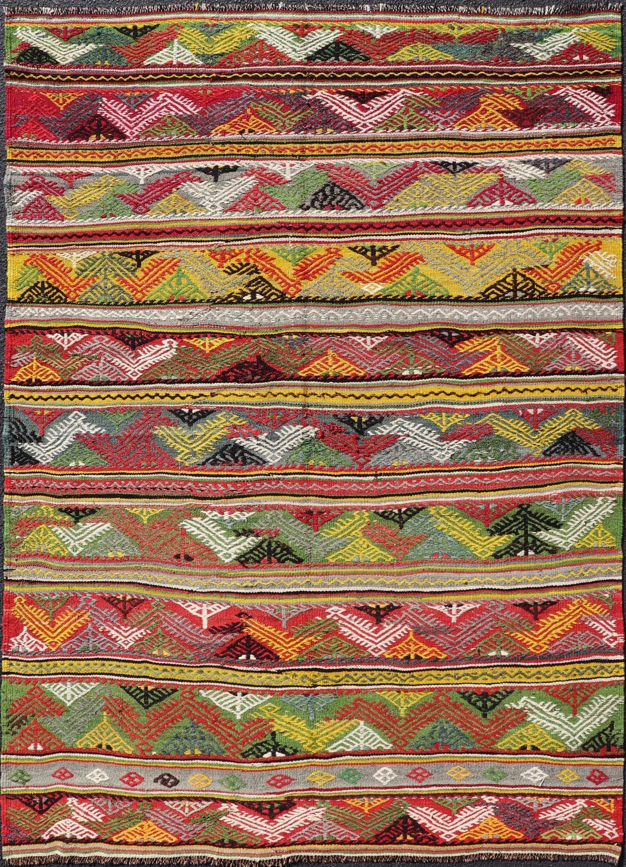 Vintage Turkish Hand Woven Embroidery With Bright & Colorful Tribal Motif Design. Vintage Turkish Hand Woven Kilim With Colorful All - Over Tribal Motif Design. Keivan Woven Arts / rug TU - NED - 5040, country of origin / type: Turkey / Kilim, circa 1... - Keivan Woven ArtsTU - NED - 5040 - 22339Rug