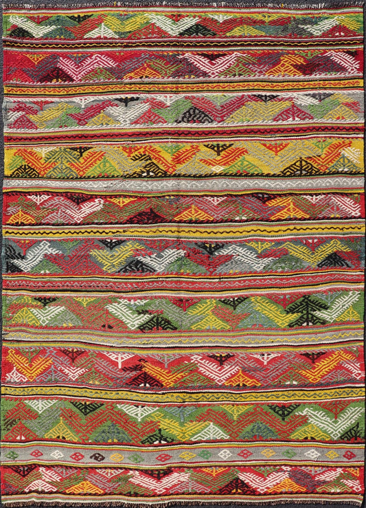 Vintage Turkish Hand Woven Embroidery With Bright & Colorful Tribal Motif Design. Vintage Turkish Hand Woven Kilim With Colorful All - Over Tribal Motif Design. Keivan Woven Arts / rug TU - NED - 5040, country of origin / type: Turkey / Kilim, circa 1... - Keivan Woven ArtsTU - NED - 5040 - 22339Rug