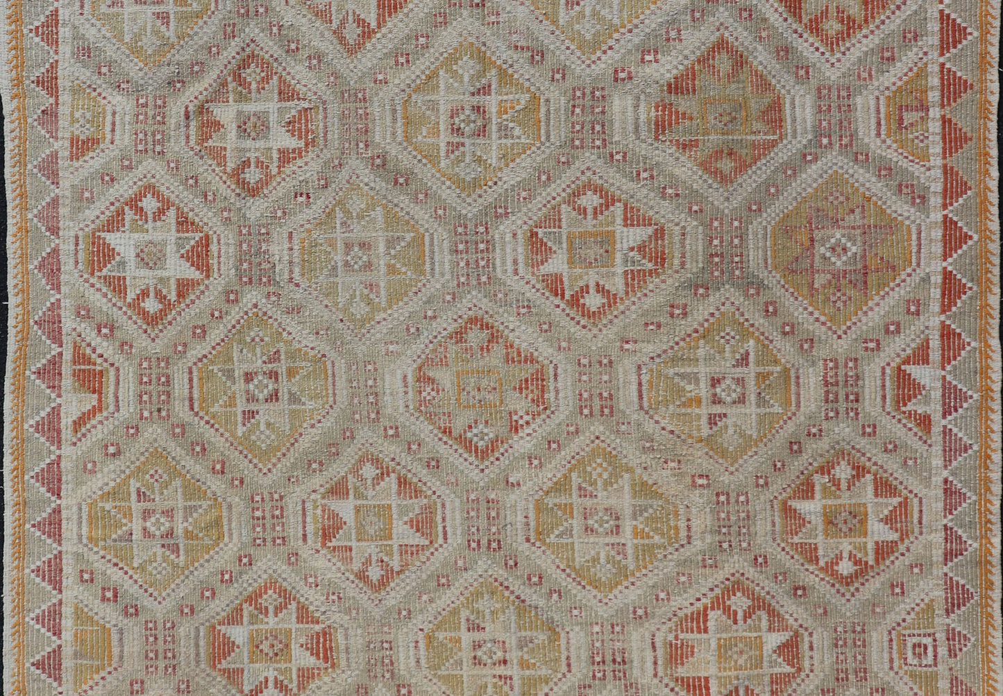 Measures: 6'1 x 8'5 Turkish Vintage Kilim with All - Over Geometric Diamond Design With Red & Orange. Keivan Woven Arts / rug TU - NED - 5041, country of origin / type: Turkey / Kilim, circa Mid - 20th Century. This geometric embroidered flat weave from... - Keivan Woven ArtsTU - NED - 5041 - 22926Rug