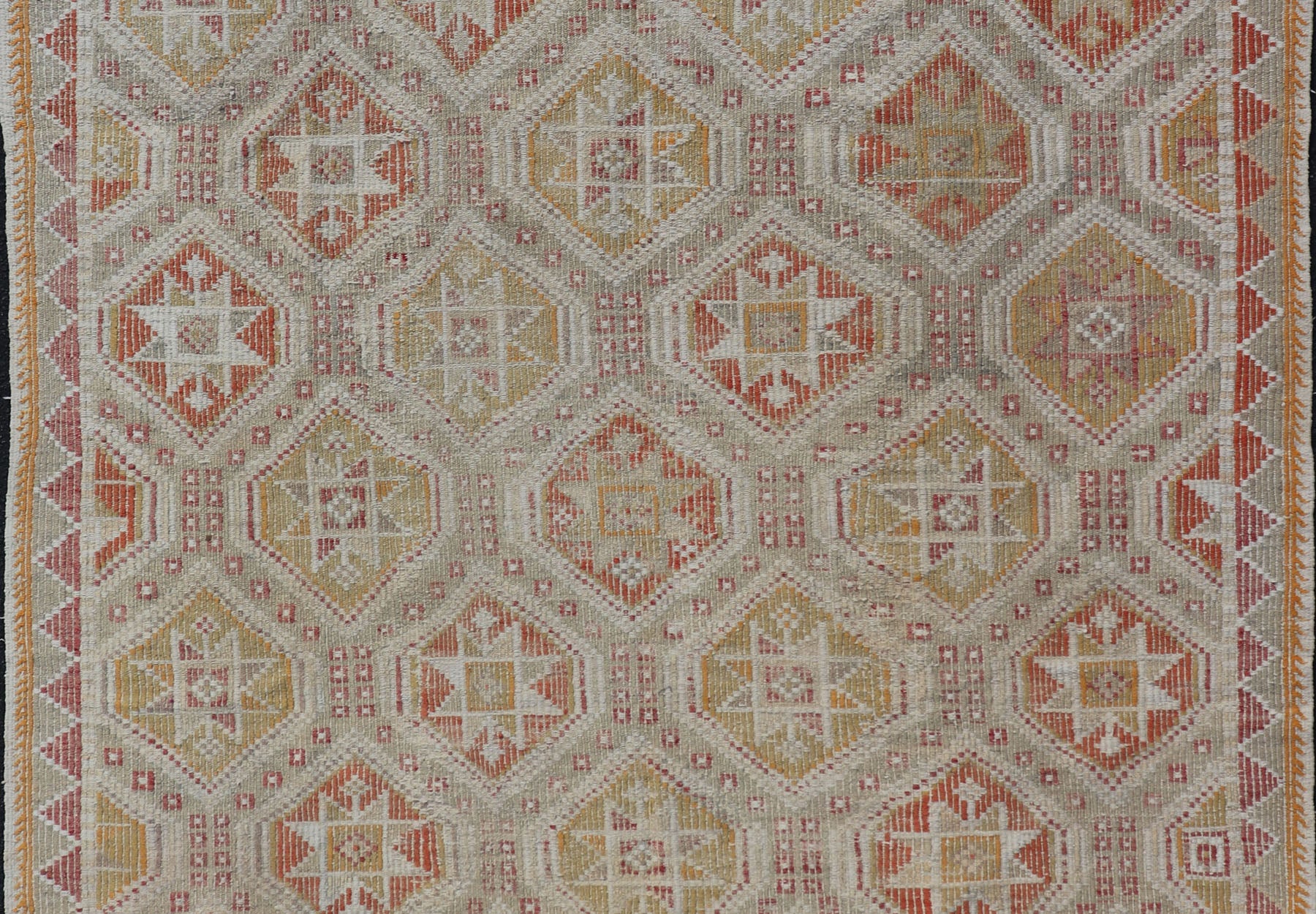 Measures: 6'1 x 8'5 Turkish Vintage Kilim with All - Over Geometric Diamond Design With Red & Orange. Keivan Woven Arts / rug TU - NED - 5041, country of origin / type: Turkey / Kilim, circa Mid - 20th Century. This geometric embroidered flat weave from... - Keivan Woven ArtsTU - NED - 5041 - 22926Rug