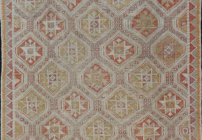 Measures: 6'1 x 8'5 Turkish Vintage Kilim with All - Over Geometric Diamond Design With Red & Orange. Keivan Woven Arts / rug TU - NED - 5041, country of origin / type: Turkey / Kilim, circa Mid - 20th Century. This geometric embroidered flat weave from... - Keivan Woven ArtsTU - NED - 5041 - 22926Rug