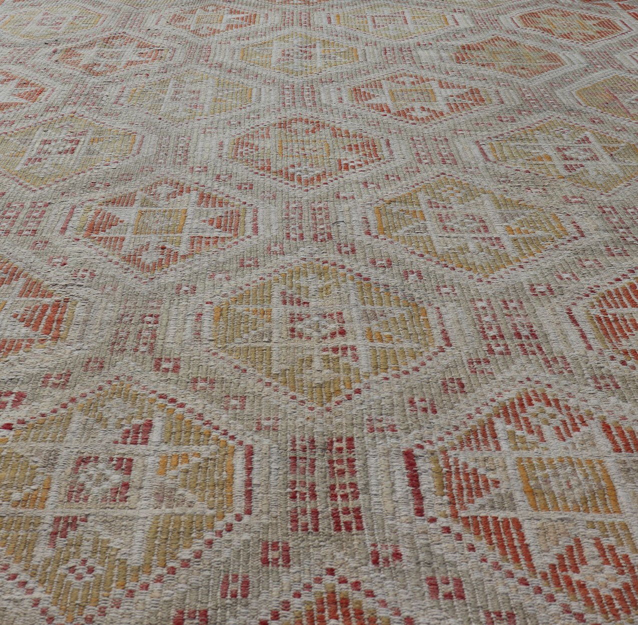 Measures: 6'1 x 8'5 Turkish Vintage Kilim with All - Over Geometric Diamond Design With Red & Orange. Keivan Woven Arts / rug TU - NED - 5041, country of origin / type: Turkey / Kilim, circa Mid - 20th Century. This geometric embroidered flat weave from... - Keivan Woven ArtsTU - NED - 5041 - 22926Rug