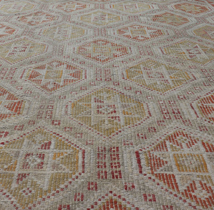 Measures: 6'1 x 8'5 Turkish Vintage Kilim with All - Over Geometric Diamond Design With Red & Orange. Keivan Woven Arts / rug TU - NED - 5041, country of origin / type: Turkey / Kilim, circa Mid - 20th Century. This geometric embroidered flat weave from... - Keivan Woven ArtsTU - NED - 5041 - 22926Rug