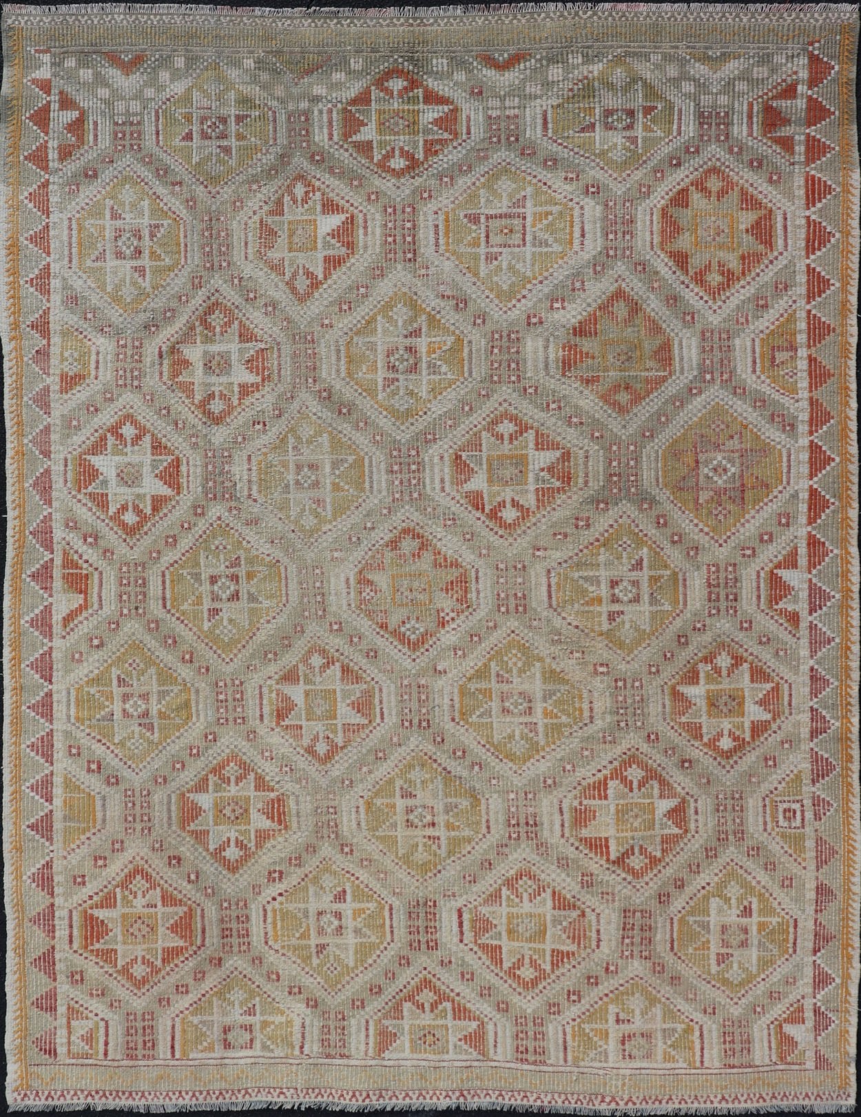 Measures: 6'1 x 8'5 Turkish Vintage Kilim with All - Over Geometric Diamond Design With Red & Orange. Keivan Woven Arts / rug TU - NED - 5041, country of origin / type: Turkey / Kilim, circa Mid - 20th Century. This geometric embroidered flat weave from... - Keivan Woven ArtsTU - NED - 5041 - 22926Rug