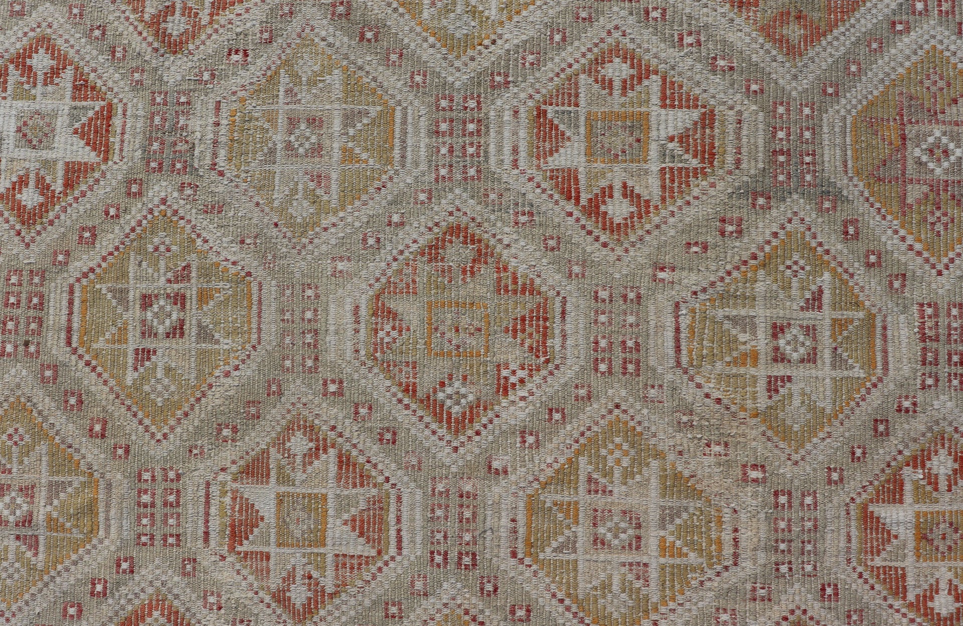Measures: 6'1 x 8'5 Turkish Vintage Kilim with All - Over Geometric Diamond Design With Red & Orange. Keivan Woven Arts / rug TU - NED - 5041, country of origin / type: Turkey / Kilim, circa Mid - 20th Century. This geometric embroidered flat weave from... - Keivan Woven ArtsTU - NED - 5041 - 22926Rug
