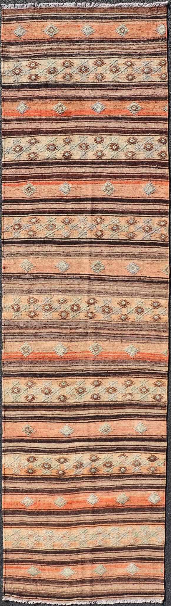 Measures: 3'1 x 11'7 Vintage Turkish Kilim Runner with Stripes in Tan, Brown, and Orange. Keivan Woven Arts / rug TU - NED - 5042, country of origin / type: Turkey / Kilim, circa Mid - 20th Century. This vintage flat - woven kilim runner features a mini... - Keivan Woven ArtsTU - NED - 5042 - 22345Rug