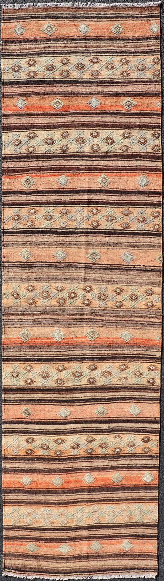 Measures: 3'1 x 11'7 Vintage Turkish Kilim Runner with Stripes in Tan, Brown, and Orange. Keivan Woven Arts / rug TU - NED - 5042, country of origin / type: Turkey / Kilim, circa Mid - 20th Century. This vintage flat - woven kilim runner features a mini... - Keivan Woven ArtsTU - NED - 5042 - 22345Rug