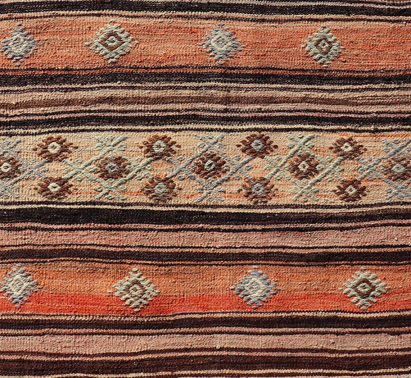Measures: 3'1 x 11'7 Vintage Turkish Kilim Runner with Stripes in Tan, Brown, and Orange. Keivan Woven Arts / rug TU - NED - 5042, country of origin / type: Turkey / Kilim, circa Mid - 20th Century. This vintage flat - woven kilim runner features a mini... - Keivan Woven ArtsTU - NED - 5042 - 22345Rug