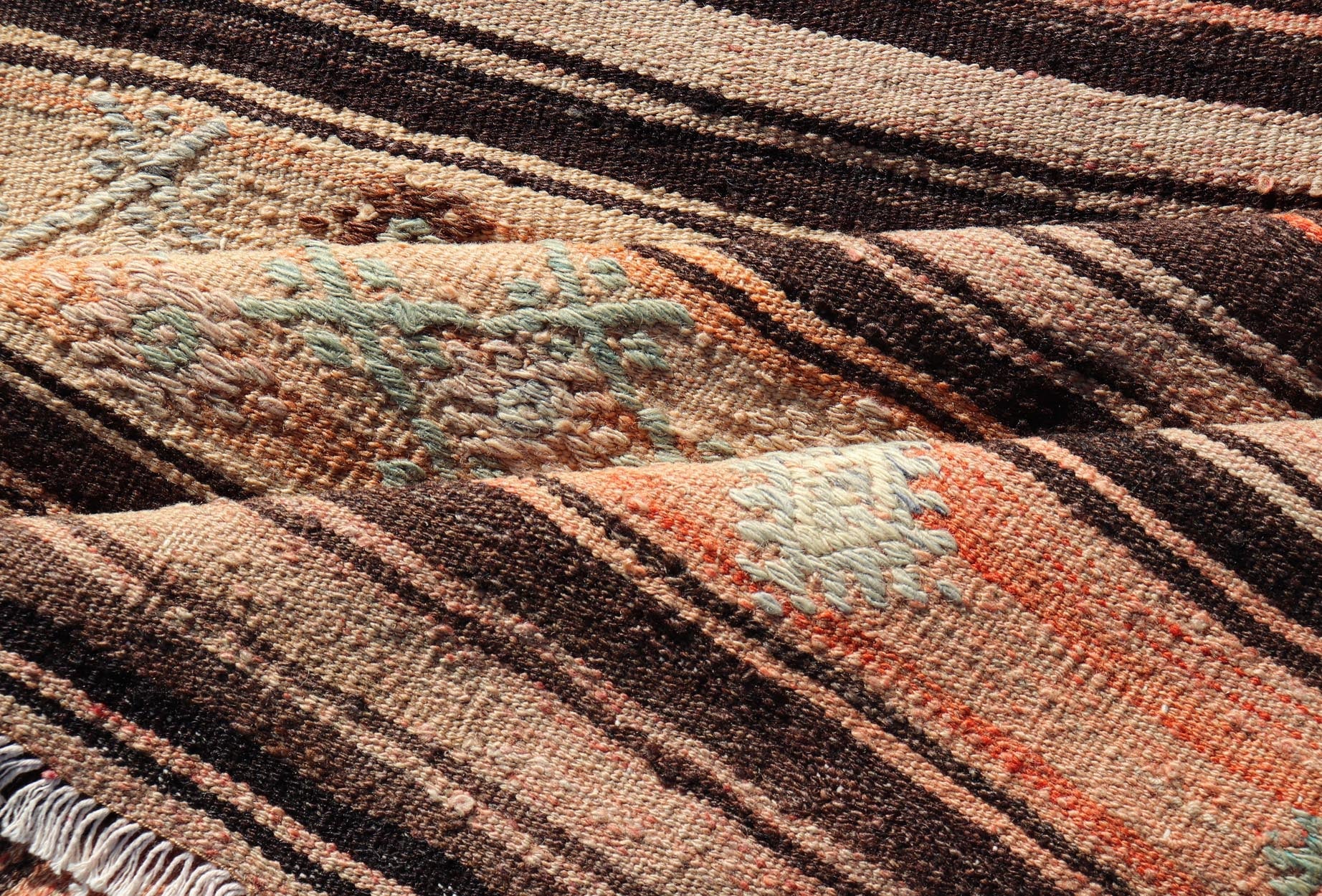 Measures: 3'1 x 11'7 Vintage Turkish Kilim Runner with Stripes in Tan, Brown, and Orange. Keivan Woven Arts / rug TU - NED - 5042, country of origin / type: Turkey / Kilim, circa Mid - 20th Century. This vintage flat - woven kilim runner features a mini... - Keivan Woven ArtsTU - NED - 5042 - 22345Rug