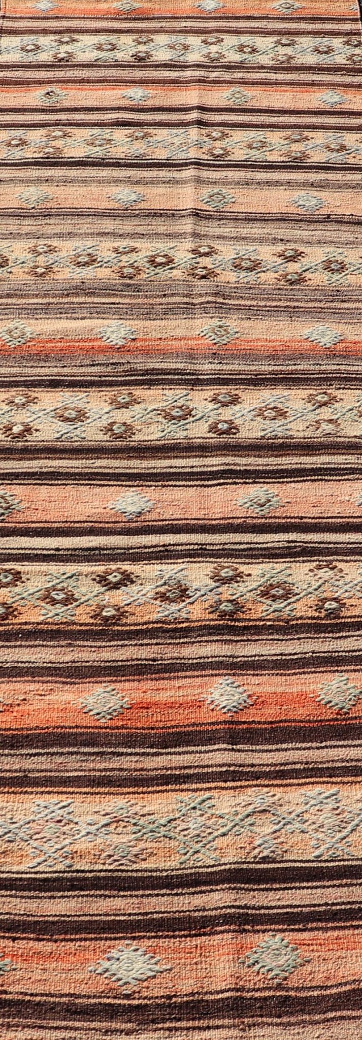 Measures: 3'1 x 11'7 Vintage Turkish Kilim Runner with Stripes in Tan, Brown, and Orange. Keivan Woven Arts / rug TU - NED - 5042, country of origin / type: Turkey / Kilim, circa Mid - 20th Century. This vintage flat - woven kilim runner features a mini... - Keivan Woven ArtsTU - NED - 5042 - 22345Rug