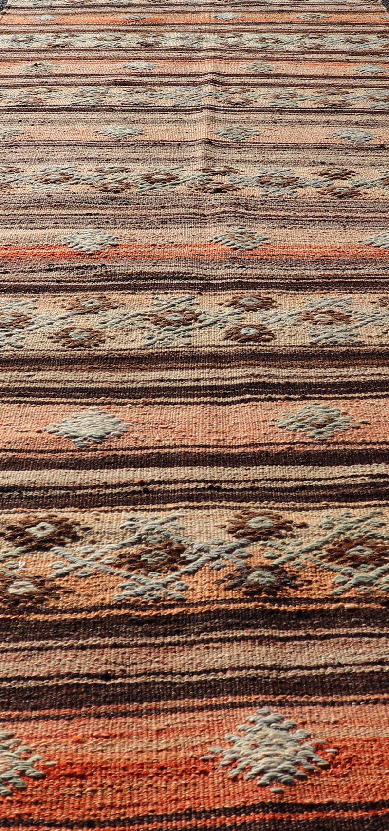Measures: 3'1 x 11'7 Vintage Turkish Kilim Runner with Stripes in Tan, Brown, and Orange. Keivan Woven Arts / rug TU - NED - 5042, country of origin / type: Turkey / Kilim, circa Mid - 20th Century. This vintage flat - woven kilim runner features a mini... - Keivan Woven ArtsTU - NED - 5042 - 22345Rug