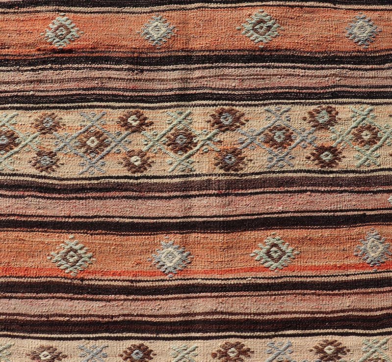 Colorful vintage Turkish Kilim runner with a stripe and modern design, minimalist stripe design Kilim runner from Turkey. Keivan Woven Arts / rug TU - NED - 5043, country of origin / type: Turkey / Kilim, circa 1950 Measures: 3'2 x 11'5 - Keivan Woven ArtsTU - NED - 5043 - 22351Rug