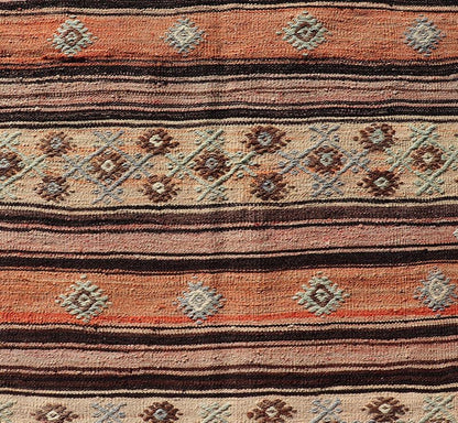 Colorful vintage Turkish Kilim runner with a stripe and modern design, minimalist stripe design Kilim runner from Turkey. Keivan Woven Arts / rug TU - NED - 5043, country of origin / type: Turkey / Kilim, circa 1950 Measures: 3'2 x 11'5 - Keivan Woven ArtsTU - NED - 5043 - 22351Rug