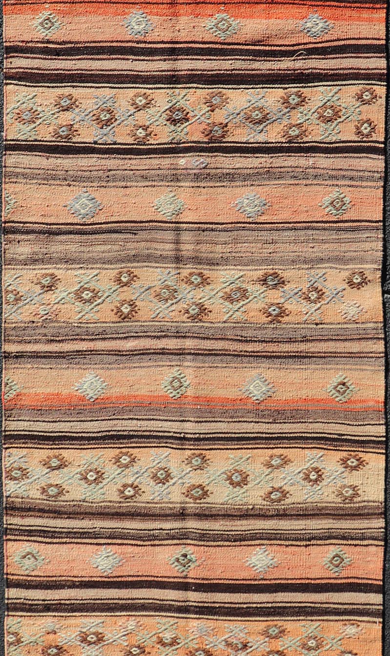 Colorful vintage Turkish Kilim runner with a stripe and modern design, minimalist stripe design Kilim runner from Turkey. Keivan Woven Arts / rug TU - NED - 5043, country of origin / type: Turkey / Kilim, circa 1950 Measures: 3'2 x 11'5 - Keivan Woven ArtsTU - NED - 5043 - 22351Rug