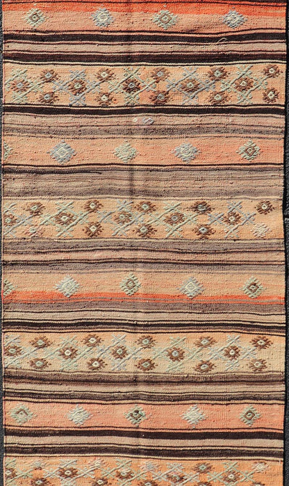 Colorful vintage Turkish Kilim runner with a stripe and modern design, minimalist stripe design Kilim runner from Turkey. Keivan Woven Arts / rug TU - NED - 5043, country of origin / type: Turkey / Kilim, circa 1950 Measures: 3'2 x 11'5 - Keivan Woven ArtsTU - NED - 5043 - 22351Rug