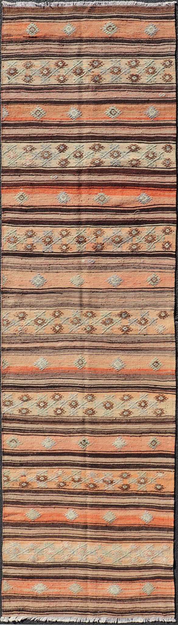 Colorful vintage Turkish Kilim runner with a stripe and modern design, minimalist stripe design Kilim runner from Turkey. Keivan Woven Arts / rug TU - NED - 5043, country of origin / type: Turkey / Kilim, circa 1950 Measures: 3'2 x 11'5 - Keivan Woven ArtsTU - NED - 5043 - 22351Rug