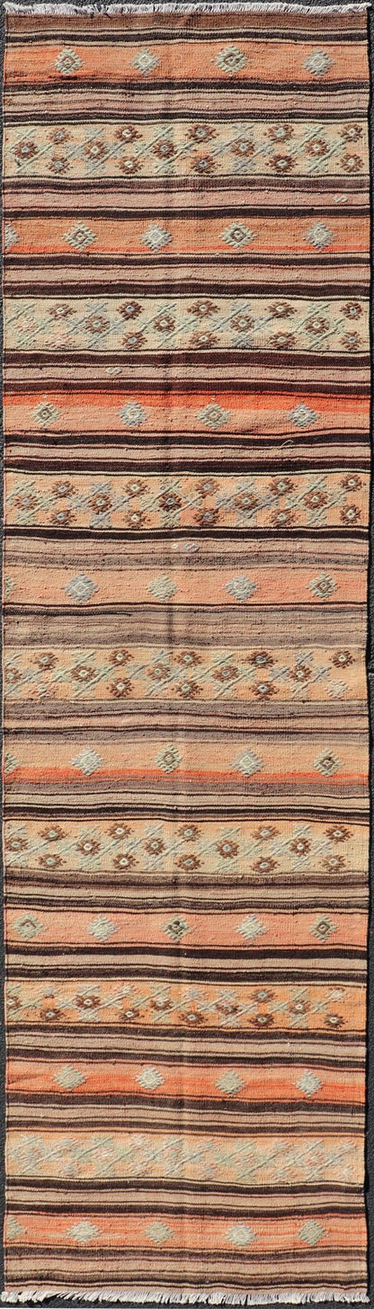 Colorful vintage Turkish Kilim runner with a stripe and modern design, minimalist stripe design Kilim runner from Turkey. Keivan Woven Arts / rug TU - NED - 5043, country of origin / type: Turkey / Kilim, circa 1950 Measures: 3'2 x 11'5 - Keivan Woven ArtsTU - NED - 5043 - 22351Rug