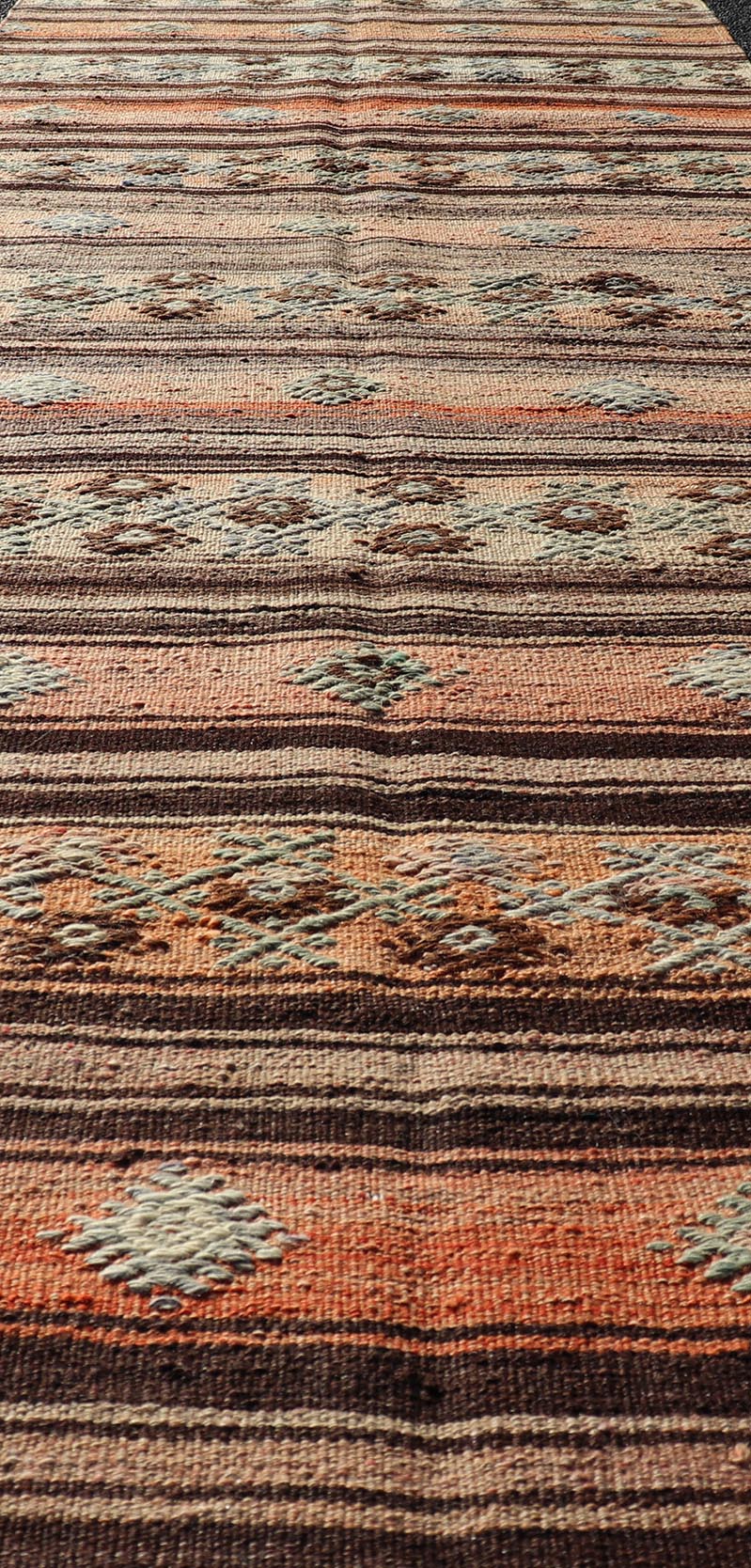 Colorful vintage Turkish Kilim runner with a stripe and modern design, minimalist stripe design Kilim runner from Turkey. Keivan Woven Arts / rug TU - NED - 5043, country of origin / type: Turkey / Kilim, circa 1950 Measures: 3'2 x 11'5 - Keivan Woven ArtsTU - NED - 5043 - 22351Rug