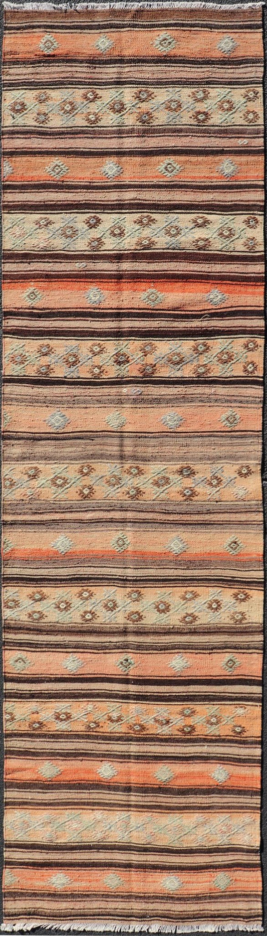 Colorful vintage Turkish Kilim runner with a stripe and modern design, minimalist stripe design Kilim runner from Turkey. Keivan Woven Arts / rug TU - NED - 5043, country of origin / type: Turkey / Kilim, circa 1950 Measures: 3'2 x 11'5 - Keivan Woven ArtsTU - NED - 5043 - 22351