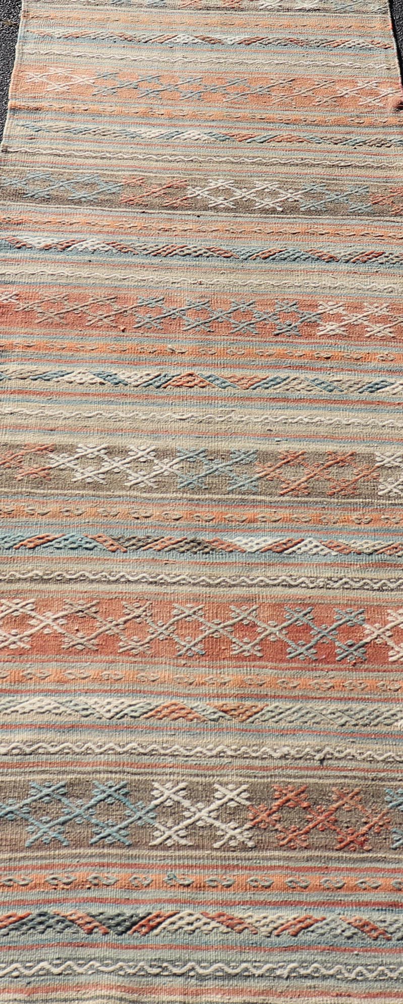 Turkish Vintage Kilim Runner with Horizontal Stripes in Bright Tones. Turkish Vintage Kilim Runner. Kilim runners, flatweave runner, vintage kilim runner Measures: 2'10 x 9'8 Turkish Vintage Kilim runner with Horizontal Stripes a... - Keivan Woven ArtsTU - NED - 5044 - 22357Rug