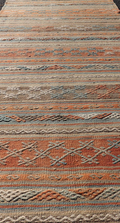 Turkish Vintage Kilim Runner with Horizontal Stripes in Bright Tones. Turkish Vintage Kilim Runner. Kilim runners, flatweave runner, vintage kilim runner Measures: 2'10 x 9'8 Turkish Vintage Kilim runner with Horizontal Stripes a... - Keivan Woven ArtsTU - NED - 5044 - 22357