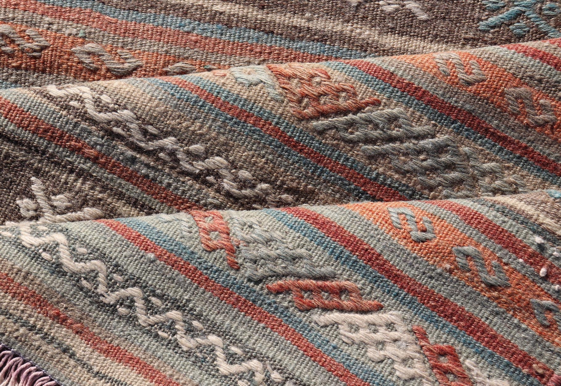 Turkish Vintage Kilim Runner with Horizontal Stripes in Bright Tones. Turkish Vintage Kilim Runner. Kilim runners, flatweave runner, vintage kilim runner Measures: 2'10 x 9'8 Turkish Vintage Kilim runner with Horizontal Stripes a... - Keivan Woven ArtsTU - NED - 5044 - 22357Rug