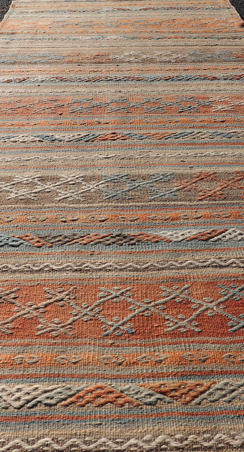 Turkish Vintage Kilim Runner with Horizontal Stripes in Bright Tones. Turkish Vintage Kilim Runner. Kilim runners, flatweave runner, vintage kilim runner Measures: 2'10 x 9'8 Turkish Vintage Kilim runner with Horizontal Stripes a... - Keivan Woven ArtsTU - NED - 5044 - 22357Rug