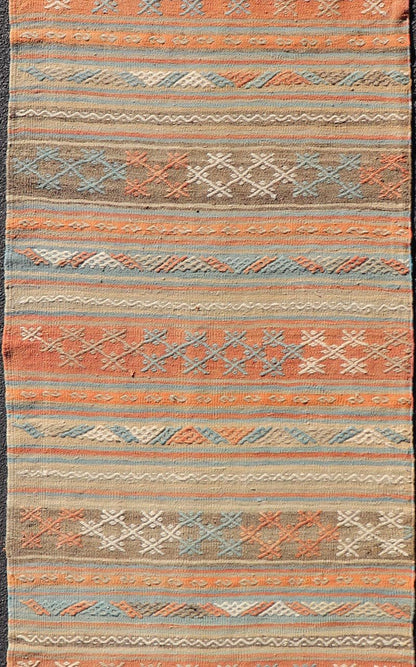 Turkish Vintage Kilim Runner with Horizontal Stripes in Bright Tones. Turkish Vintage Kilim Runner. Kilim runners, flatweave runner, vintage kilim runner Measures: 2'10 x 9'8 Turkish Vintage Kilim runner with Horizontal Stripes a... - Keivan Woven ArtsTU - NED - 5044 - 22357