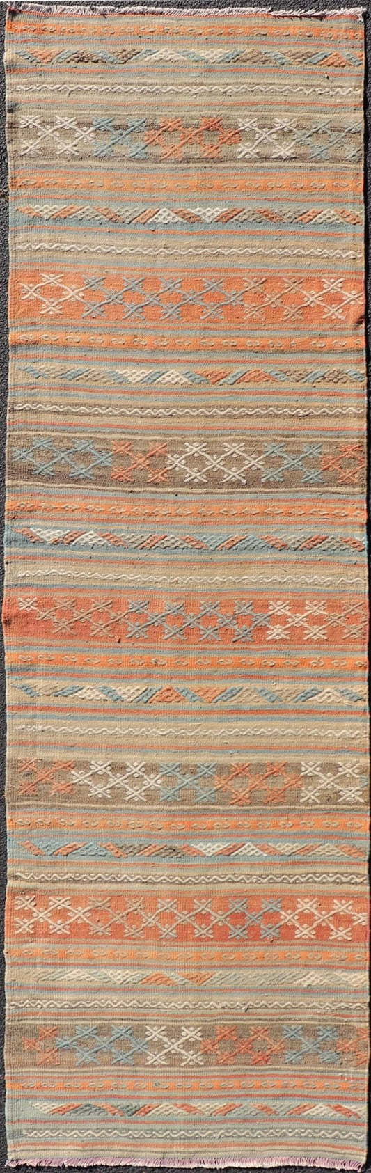 Turkish Vintage Kilim Runner with Horizontal Stripes in Bright Tones. Turkish Vintage Kilim Runner. Kilim runners, flatweave runner, vintage kilim runner Measures: 2'10 x 9'8 Turkish Vintage Kilim runner with Horizontal Stripes a... - Keivan Woven ArtsTU - NED - 5044 - 22357Rug
