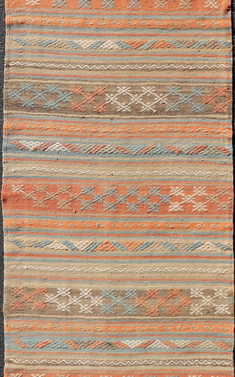 Turkish Vintage Kilim Runner with Horizontal Stripes in Bright Tones. Turkish Vintage Kilim Runner. Kilim runners, flatweave runner, vintage kilim runner Measures: 2'10 x 9'8 Turkish Vintage Kilim runner with Horizontal Stripes a... - Keivan Woven ArtsTU - NED - 5044 - 22357Rug
