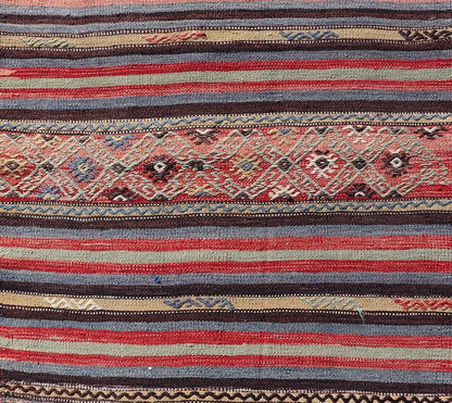 Turkish Vintage Kilim with Horizontal Stripes and Tribal Motifs Measures: 2'5 x 9'4 Turkish Vintage Kilim with Horizontal Stripes and Tribal Motifs. Keivan Woven Arts / rug TU - NED - 5046, country of origin / type: Turkey / Kilim, circa Mid - 20th C... - Keivan Woven ArtsTU - NED - 5046 - 22363Rug