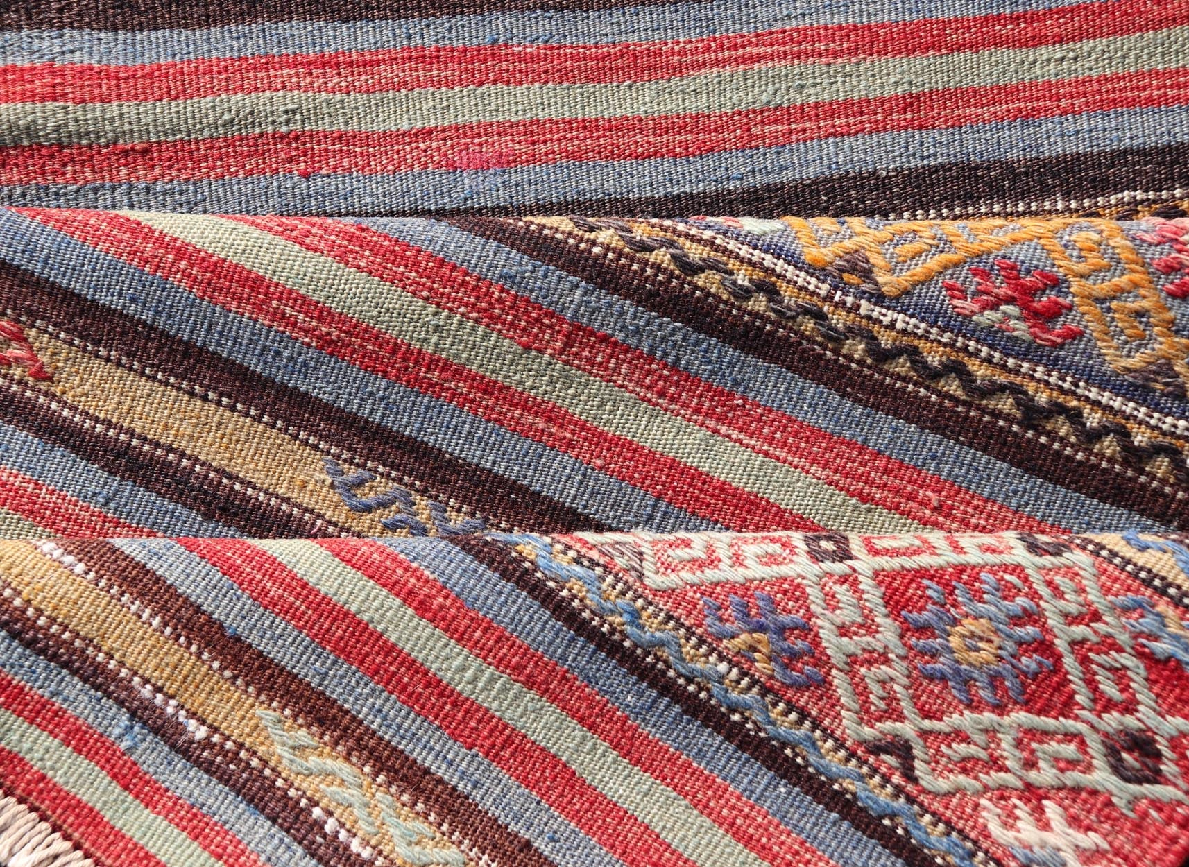 Turkish Vintage Kilim with Horizontal Stripes and Tribal Motifs Measures: 2'5 x 9'4 Turkish Vintage Kilim with Horizontal Stripes and Tribal Motifs. Keivan Woven Arts / rug TU - NED - 5046, country of origin / type: Turkey / Kilim, circa Mid - 20th C... - Keivan Woven ArtsTU - NED - 5046 - 22363Rug