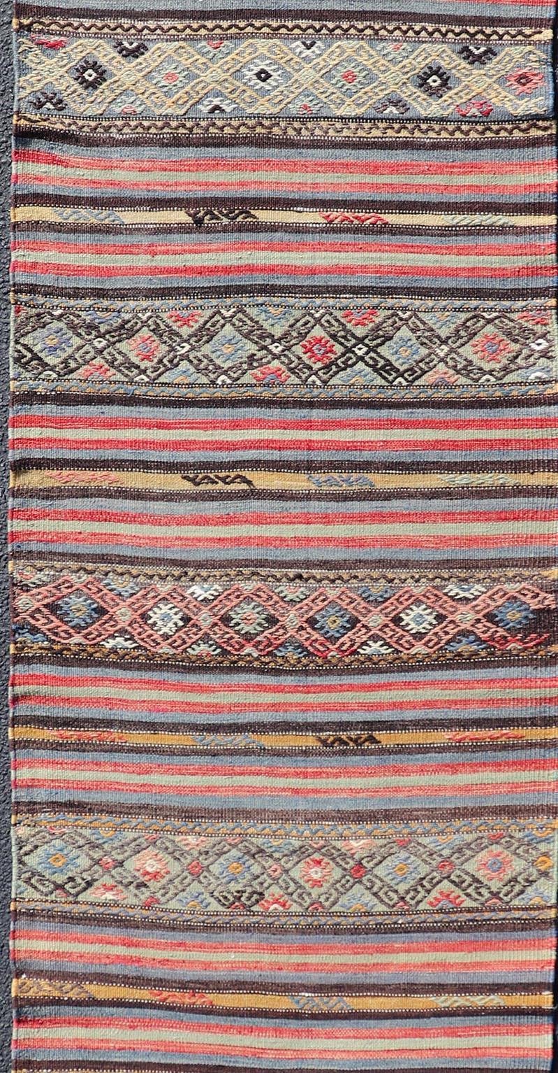 Turkish Vintage Kilim with Horizontal Stripes and Tribal Motifs Measures: 2'5 x 9'4 Turkish Vintage Kilim with Horizontal Stripes and Tribal Motifs. Keivan Woven Arts / rug TU - NED - 5046, country of origin / type: Turkey / Kilim, circa Mid - 20th C... - Keivan Woven ArtsTU - NED - 5046 - 22363Rug