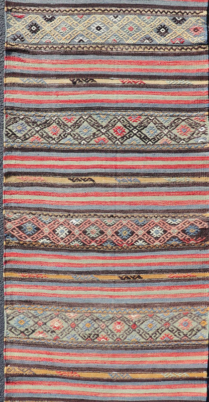 Turkish Vintage Kilim with Horizontal Stripes and Tribal Motifs Measures: 2'5 x 9'4 Turkish Vintage Kilim with Horizontal Stripes and Tribal Motifs. Keivan Woven Arts / rug TU - NED - 5046, country of origin / type: Turkey / Kilim, circa Mid - 20th C... - Keivan Woven ArtsTU - NED - 5046 - 22363Rug