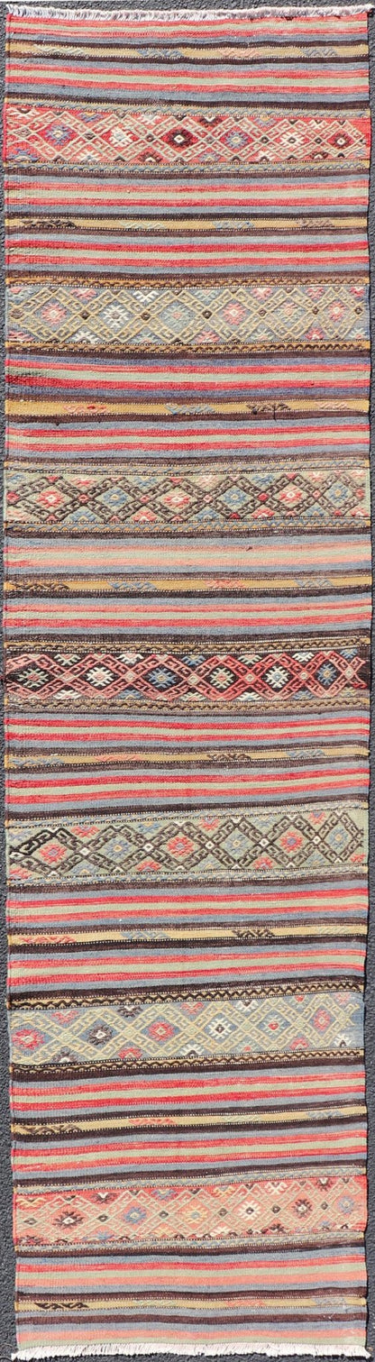 Vintage Turkish Kilim with Horizontal Stripes and Tribal Motifs in Bright Tones. Hand Woven vintage Turkish Kilim in colors with hand woven motifs with stripes, Keivan Woven Arts / rug TU - NED - 5047, country of origin / type: Turkey / Kilim, circ... - Keivan Woven ArtsTU - NED - 5047 - 22369Rug