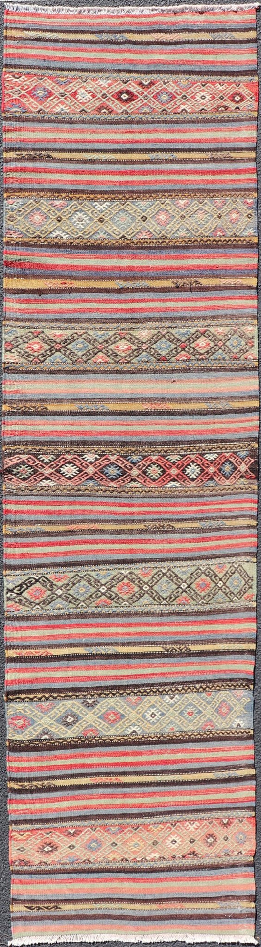 Vintage Turkish Kilim with Horizontal Stripes and Tribal Motifs in Bright Tones. Hand Woven vintage Turkish Kilim in colors with hand woven motifs with stripes, Keivan Woven Arts / rug TU - NED - 5047, country of origin / type: Turkey / Kilim, circ... - Keivan Woven ArtsTU - NED - 5047 - 22369Rug