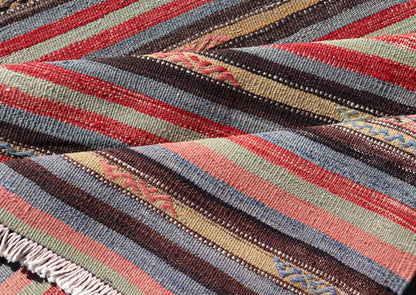 Vintage Turkish Kilim with Horizontal Stripes and Tribal Motifs in Bright Tones. Hand Woven vintage Turkish Kilim in colors with hand woven motifs with stripes, Keivan Woven Arts / rug TU - NED - 5047, country of origin / type: Turkey / Kilim, circ... - Keivan Woven ArtsTU - NED - 5047 - 22369Rug