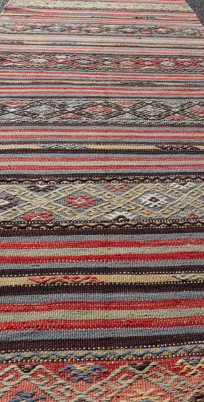 Vintage Turkish Kilim with Horizontal Stripes and Tribal Motifs in Bright Tones. Hand Woven vintage Turkish Kilim in colors with hand woven motifs with stripes, Keivan Woven Arts / rug TU - NED - 5047, country of origin / type: Turkey / Kilim, circ... - Keivan Woven ArtsTU - NED - 5047 - 22369Rug