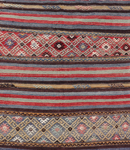 Vintage Turkish Kilim with Horizontal Stripes and Tribal Motifs in Bright Tones. Hand Woven vintage Turkish Kilim in colors with hand woven motifs with stripes, Keivan Woven Arts / rug TU - NED - 5047, country of origin / type: Turkey / Kilim, circ... - Keivan Woven ArtsTU - NED - 5047 - 22369Rug