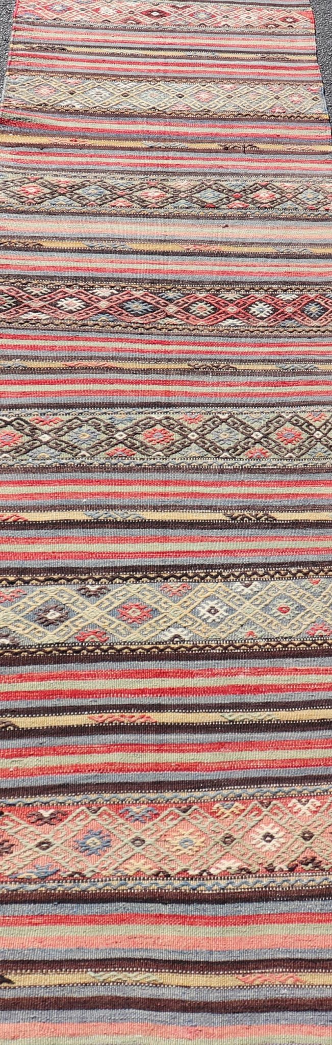 Vintage Turkish Kilim with Horizontal Stripes and Tribal Motifs in Bright Tones. Hand Woven vintage Turkish Kilim in colors with hand woven motifs with stripes, Keivan Woven Arts / rug TU - NED - 5047, country of origin / type: Turkey / Kilim, circ... - Keivan Woven ArtsTU - NED - 5047 - 22369Rug
