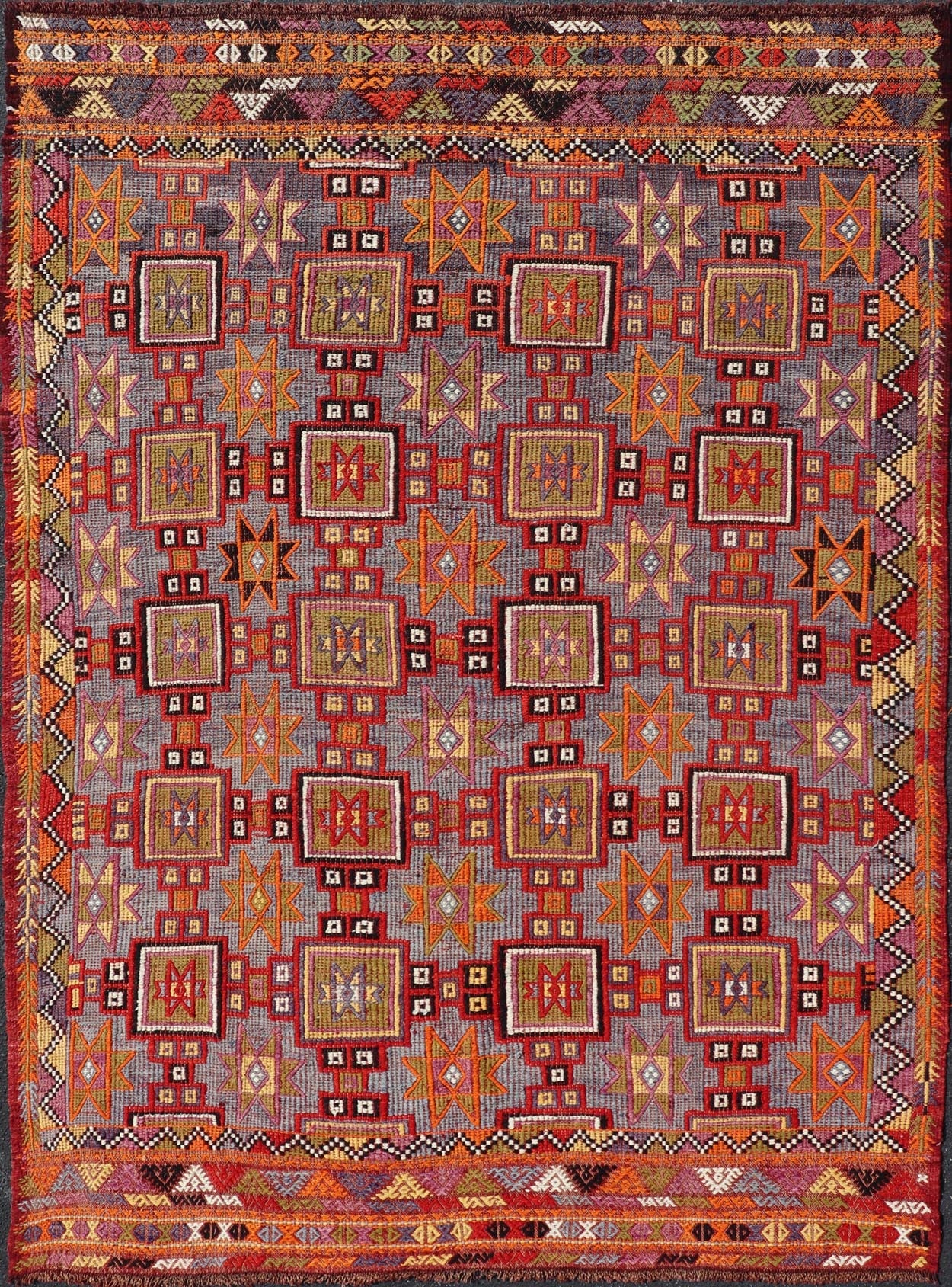Measures: 6'5 x 9'0 This vintage Turkish Kilim rug is a striking representation of traditional Anatolian craftsmanship, featuring a complex array of geometric patterns that captivate and draw the eye. The rugs design is primarily composed of a sequ... - Keivan Woven ArtsTU - NED - 5084 - 27330Rug