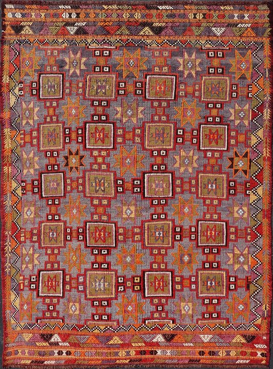 Measures: 6'5 x 9'0 This vintage Turkish Kilim rug is a striking representation of traditional Anatolian craftsmanship, featuring a complex array of geometric patterns that captivate and draw the eye. The rugs design is primarily composed of a sequ... - Keivan Woven ArtsTU - NED - 5084 - 27330Rug