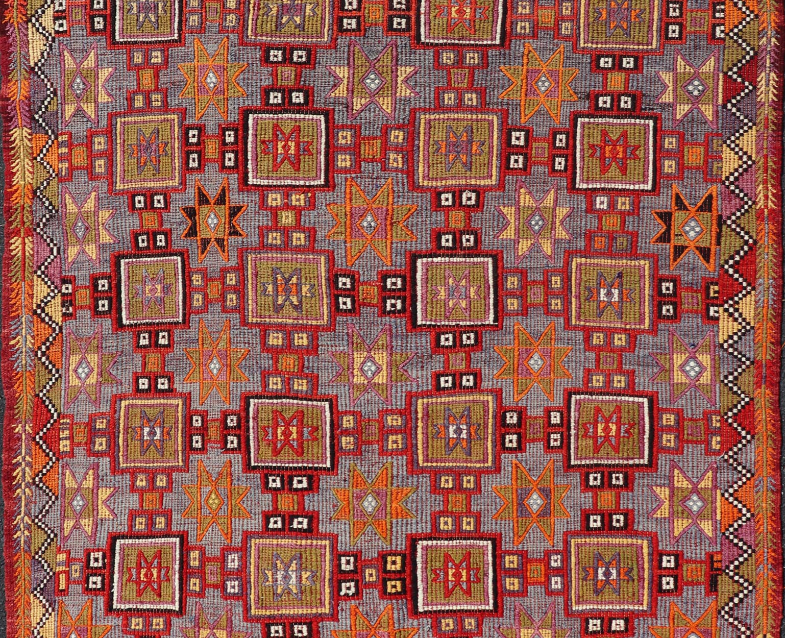 Measures: 6'5 x 9'0 This vintage Turkish Kilim rug is a striking representation of traditional Anatolian craftsmanship, featuring a complex array of geometric patterns that captivate and draw the eye. The rugs design is primarily composed of a sequ... - Keivan Woven ArtsTU - NED - 5084 - 27330Rug