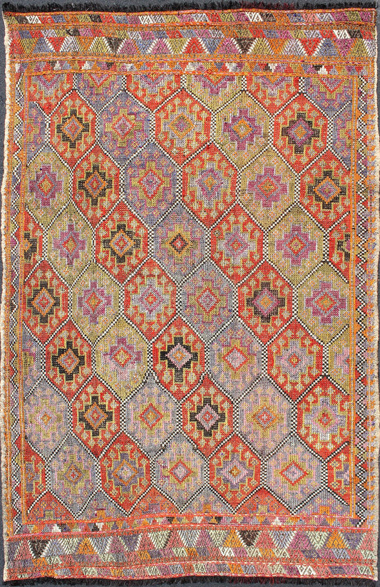 Colorful Vintage Turkish Flat - Weave Tribal Modern Kilim with Embroideries well suited for modern interiors as well as modern lofts, mountain homes or beach houses. Vintage Turkish flat - weave with Tribal and Modern design with embroideries in m... - Keivan Woven ArtsTU - NED - 551 - 6891Rug
