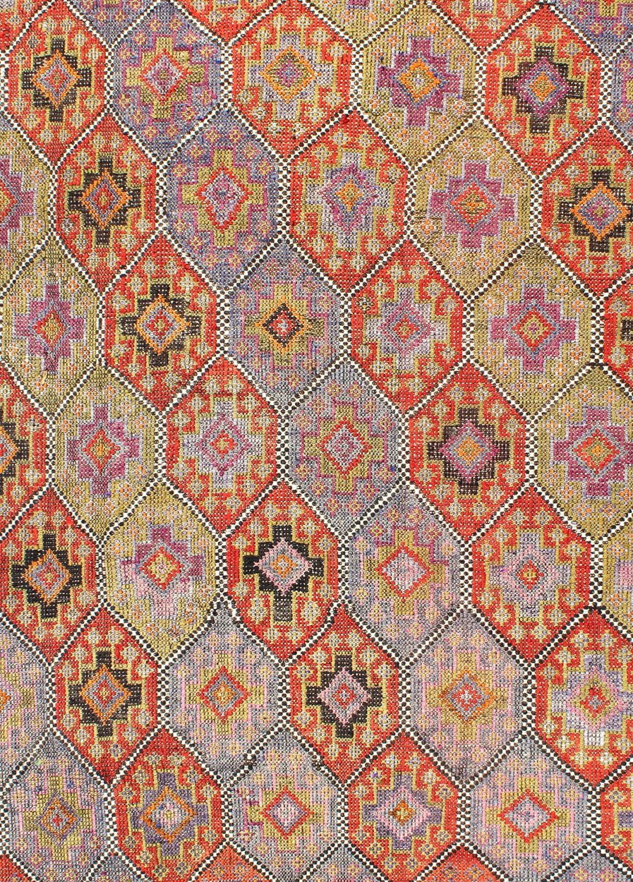 Colorful Vintage Turkish Flat - Weave Tribal Modern Kilim with Embroideries well suited for modern interiors as well as modern lofts, mountain homes or beach houses. Vintage Turkish flat - weave with Tribal and Modern design with embroideries in m... - Keivan Woven ArtsTU - NED - 551 - 6891Rug