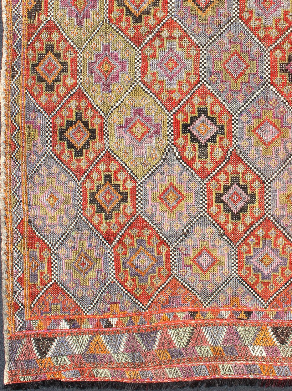 Colorful Vintage Turkish Flat - Weave Tribal Modern Kilim with Embroideries well suited for modern interiors as well as modern lofts, mountain homes or beach houses. Vintage Turkish flat - weave with Tribal and Modern design with embroideries in m... - Keivan Woven ArtsTU - NED - 551 - 6891Rug