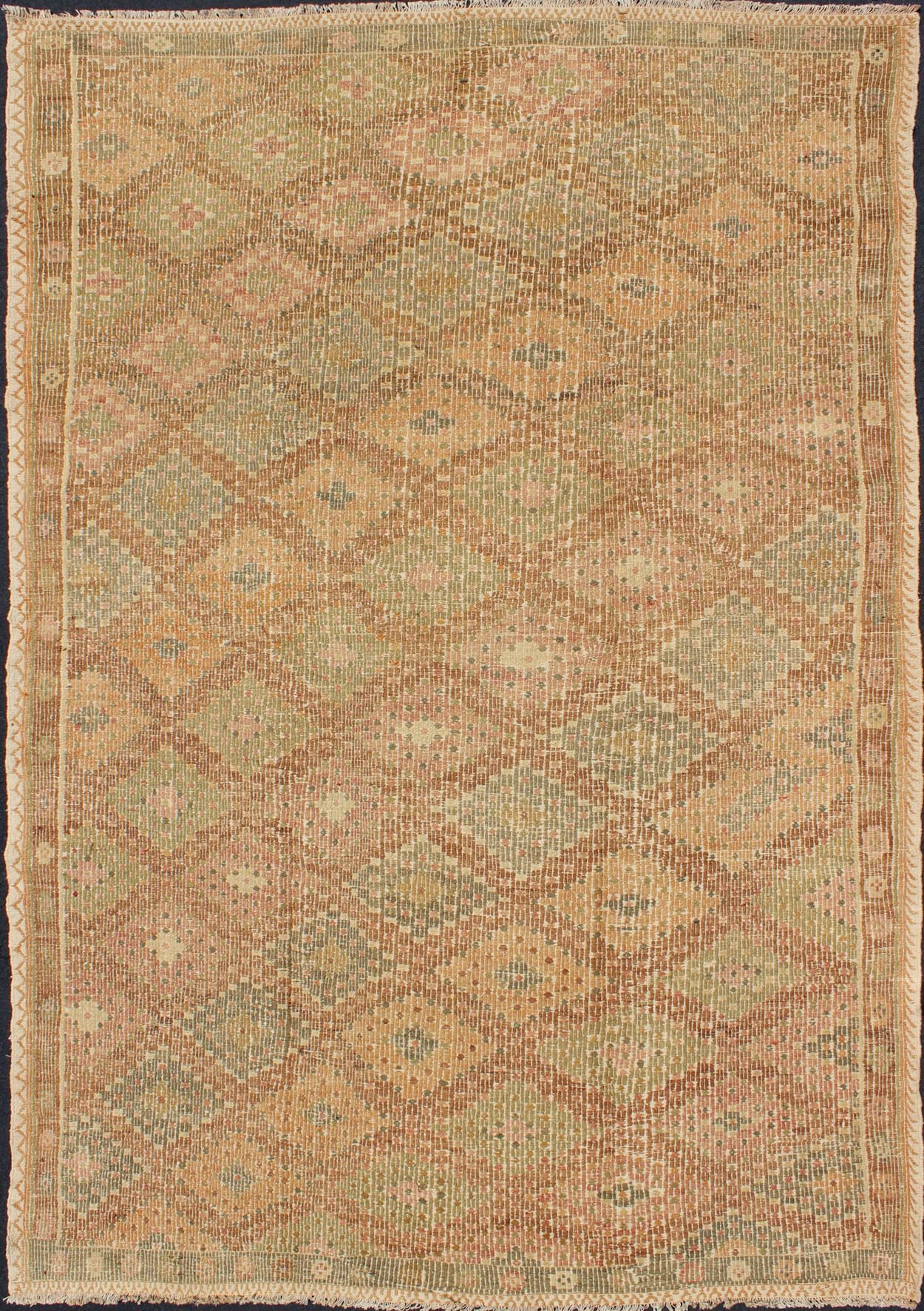 Natural - toned flat - wovenEmbroidered flatweave Kilim rug from Turkey, rug tu - ned - 556, country of origin / type: Turkey / Kilim, circa 1950 This flat - woven rug is characterized by its repeating pattern of diamonds, rendered in earth - tones with neu... - Keivan Woven ArtsTU - NED - 556 - 6953Rug