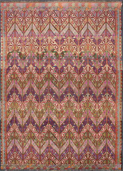 Colorful Vintage Turkish Embroidered Flat - Weave With All - Over Tribal Design well suited for a modern setting or modern interiors as well as mountain houses. Tribal vintage Embroidered Flat - Weave in Modern design. Vintage Turkish flat - weave Tr... - Keivan Woven ArtsTU - NED - 566 - 6899Rug