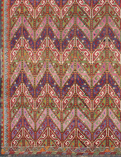 Colorful Vintage Turkish Embroidered Flat - Weave With All - Over Tribal Design well suited for a modern setting or modern interiors as well as mountain houses. Tribal vintage Embroidered Flat - Weave in Modern design. Vintage Turkish flat - weave Tr... - Keivan Woven ArtsTU - NED - 566 - 6899Rug