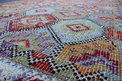 Colorful Vintage Kilim Embroidered Jajeem with Design in Green, Blue, and Cream. Measures: 5'10 x 9'4. Multicolored Flat - Woven Kilim Rug from Turkey with All - Over Design, Keivan Woven Arts / rug TU - NED - 567, country of origin / type: Turk... - Keivan Woven ArtsTU - NED - 567 - 6903Rug